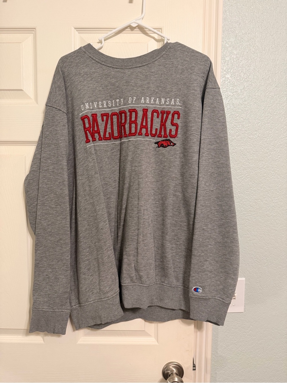 Champion Gray Crewneck with Red Arkansas Razorbacks Logo